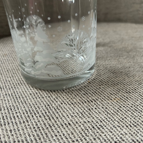 Libby Frosted Pines Glass mug, made in USA, gold tone rim, white, grey, clear - Picture 5 of 8